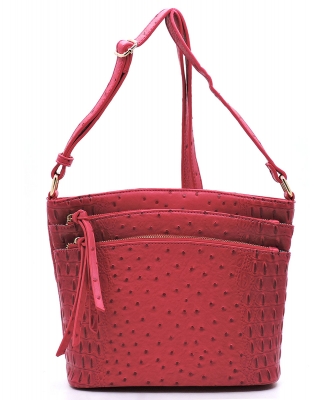 Ostrich Croc Multi Zip Pocket Crossbody Bag OS059 MAGENTA